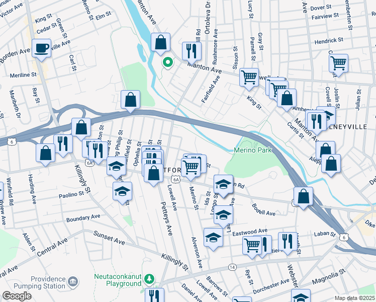 map of restaurants, bars, coffee shops, grocery stores, and more near 33 Melissa Street in Providence