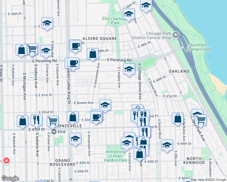 map of restaurants, bars, coffee shops, grocery stores, and more near 635 East 41st Street in Chicago