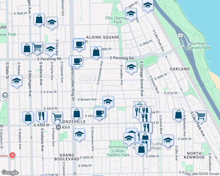 map of restaurants, bars, coffee shops, grocery stores, and more near 535 East 41st Street in Chicago