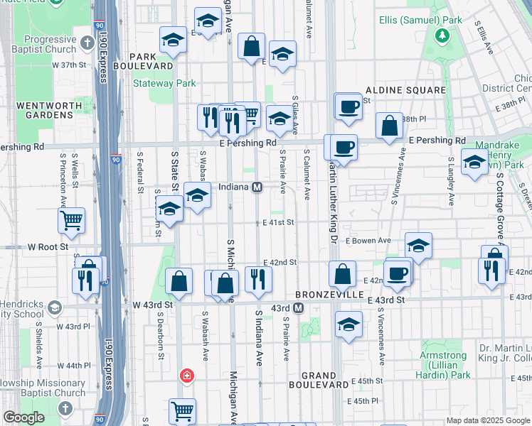 map of restaurants, bars, coffee shops, grocery stores, and more near 4105 South Indiana Avenue in Chicago