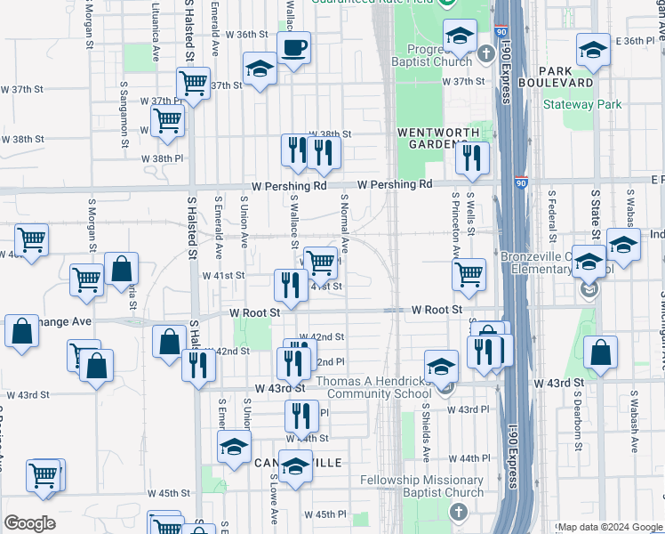 map of restaurants, bars, coffee shops, grocery stores, and more near 4056 South Normal Avenue in Chicago