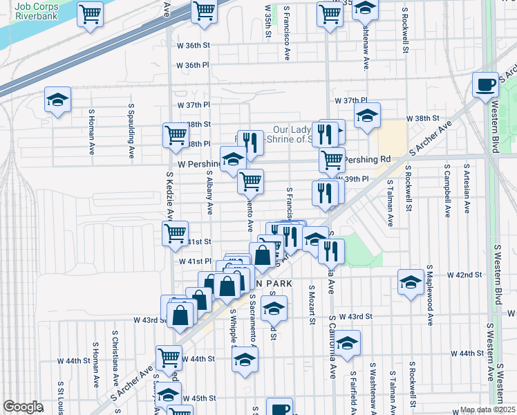 map of restaurants, bars, coffee shops, grocery stores, and more near 2957 West 40th Place in Chicago