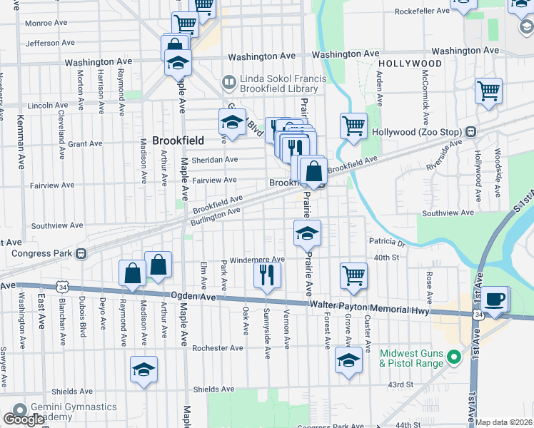 map of restaurants, bars, coffee shops, grocery stores, and more near 8935 Southview Avenue in Brookfield