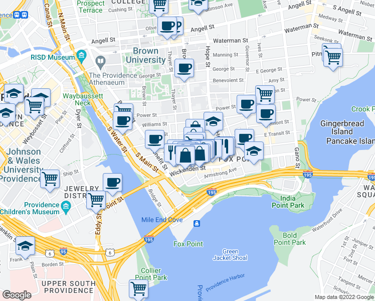 map of restaurants, bars, coffee shops, grocery stores, and more near 136 Transit Street in Providence