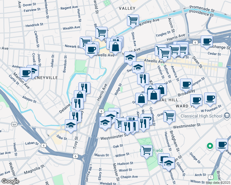 map of restaurants, bars, coffee shops, grocery stores, and more near 25 Tobey Street in Providence