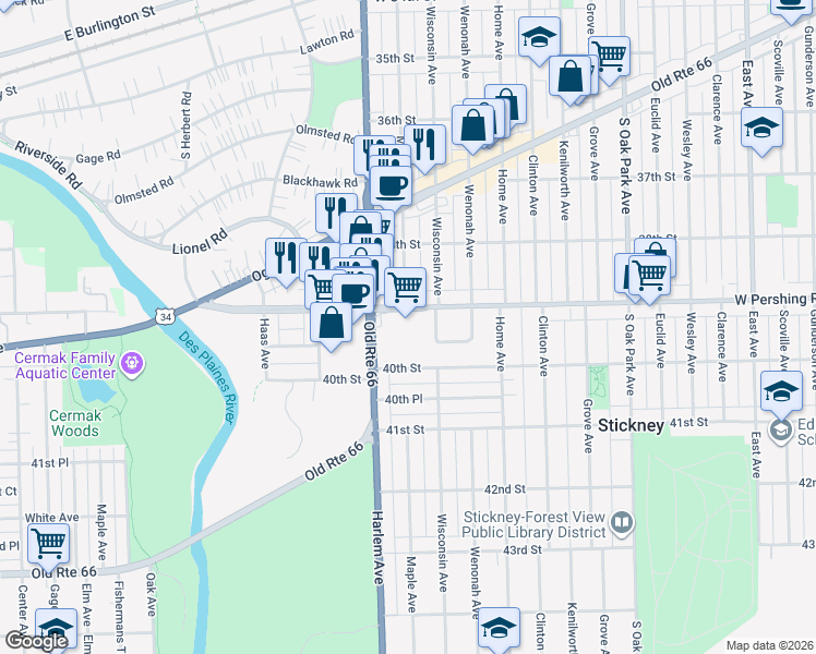 map of restaurants, bars, coffee shops, grocery stores, and more near 7120 40th Street in Stickney