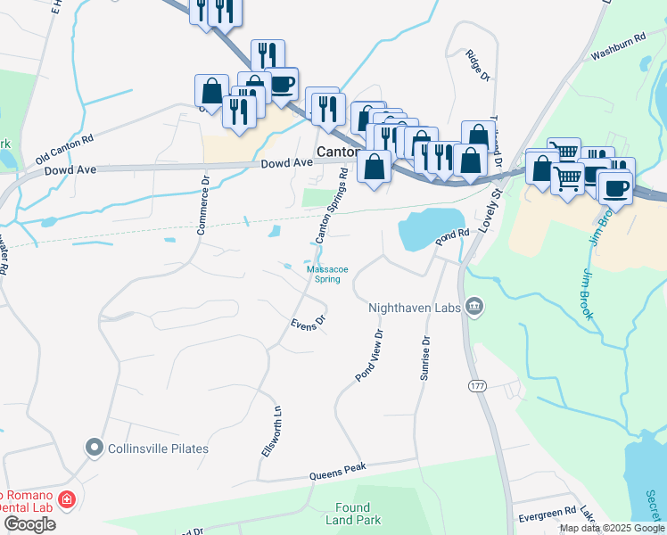 map of restaurants, bars, coffee shops, grocery stores, and more near 30 Canton Springs Road in Canton