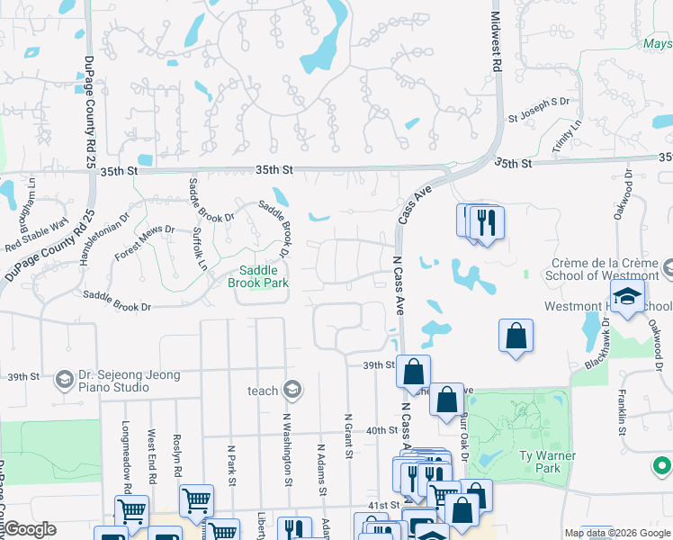 map of restaurants, bars, coffee shops, grocery stores, and more near 201 Oakley Drive North in Westmont