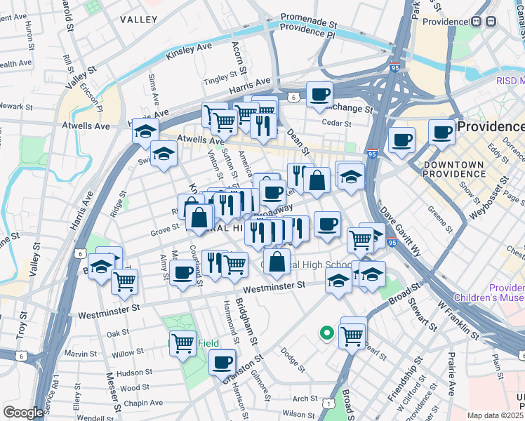 map of restaurants, bars, coffee shops, grocery stores, and more near 271 Broadway in Providence