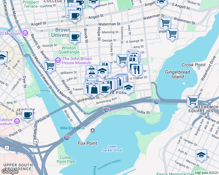 map of restaurants, bars, coffee shops, grocery stores, and more near in Providence