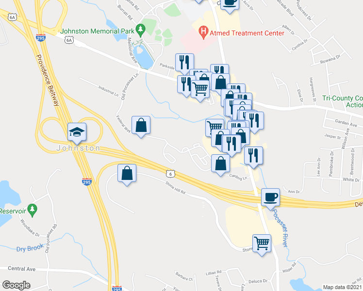 map of restaurants, bars, coffee shops, grocery stores, and more near 114 Federal Way in Johnston