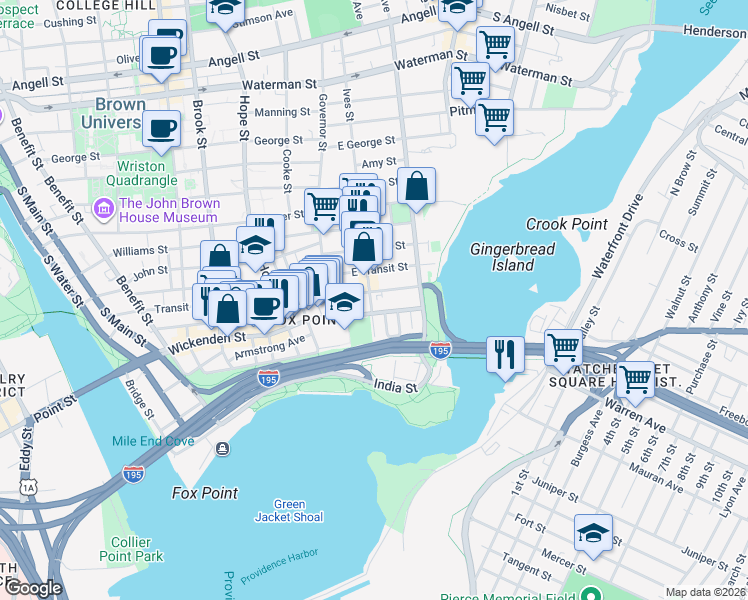 map of restaurants, bars, coffee shops, grocery stores, and more near 39 Schofield Street in Providence