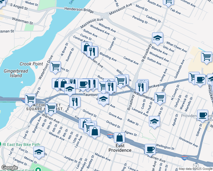 map of restaurants, bars, coffee shops, grocery stores, and more near 214 Taunton Avenue in East Providence