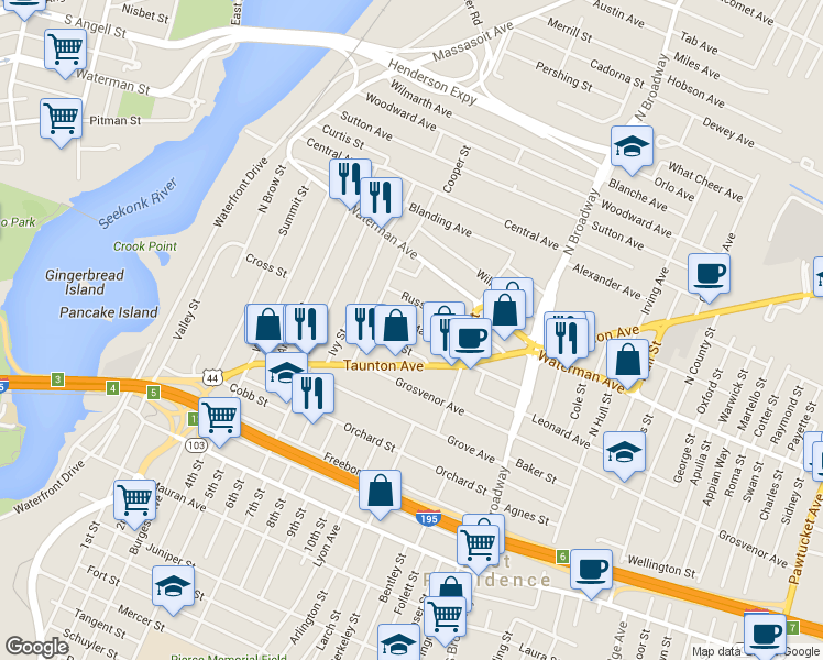 map of restaurants, bars, coffee shops, grocery stores, and more near 222 Taunton Avenue in East Providence