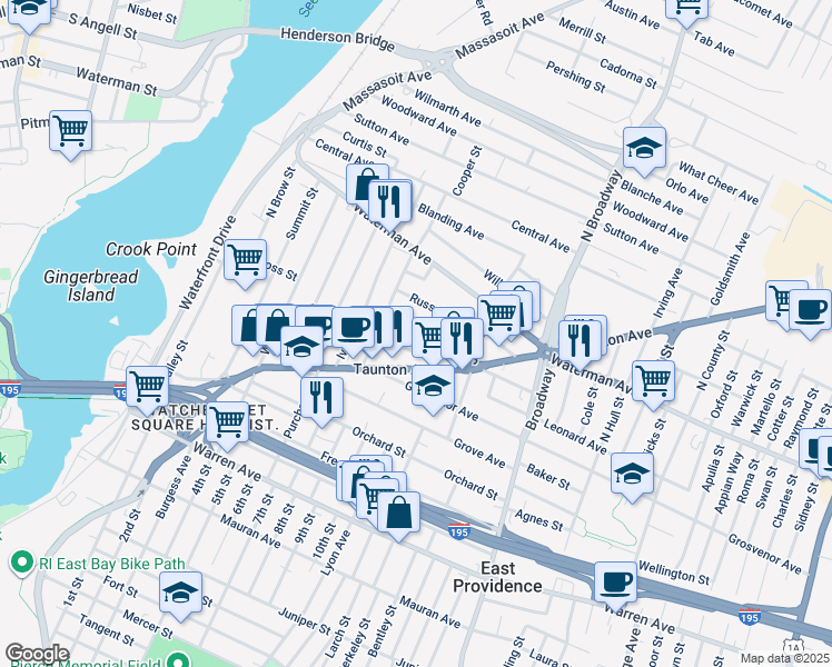 map of restaurants, bars, coffee shops, grocery stores, and more near 222 Taunton Avenue in East Providence
