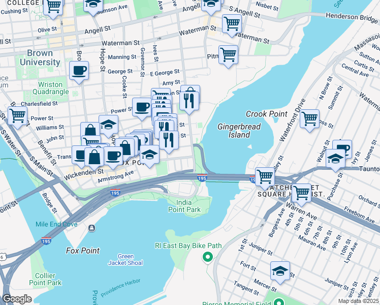 map of restaurants, bars, coffee shops, grocery stores, and more near in Providence