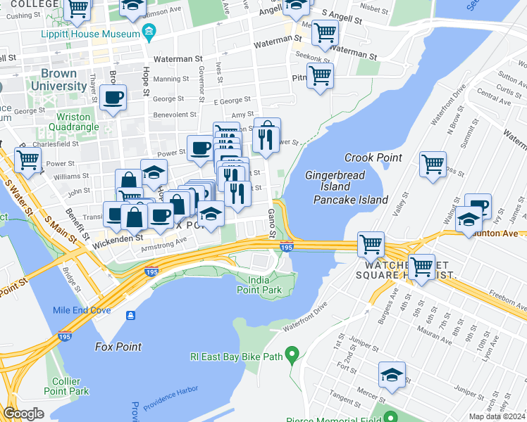 map of restaurants, bars, coffee shops, grocery stores, and more near in Providence