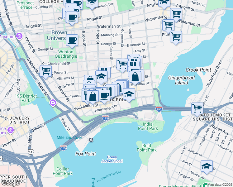 map of restaurants, bars, coffee shops, grocery stores, and more near in Providence