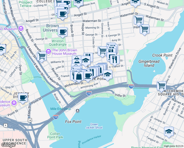 map of restaurants, bars, coffee shops, grocery stores, and more near in Providence