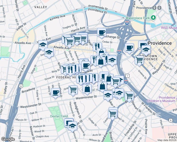 map of restaurants, bars, coffee shops, grocery stores, and more near 21 Battey Street in Providence