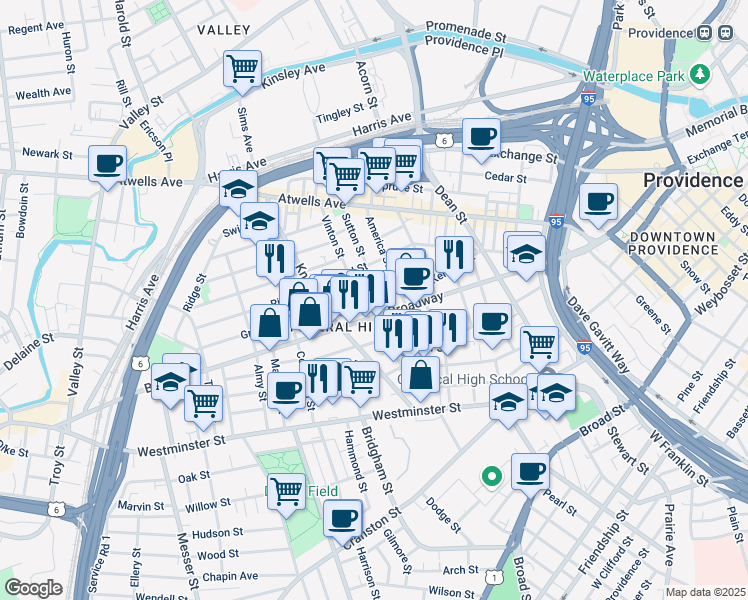 map of restaurants, bars, coffee shops, grocery stores, and more near 329 Broadway in Providence