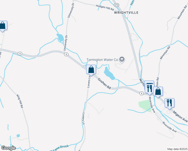 map of restaurants, bars, coffee shops, grocery stores, and more near 67 Lovers Lane in Torrington
