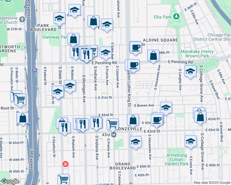 map of restaurants, bars, coffee shops, grocery stores, and more near 4101 South Prairie Avenue in Chicago
