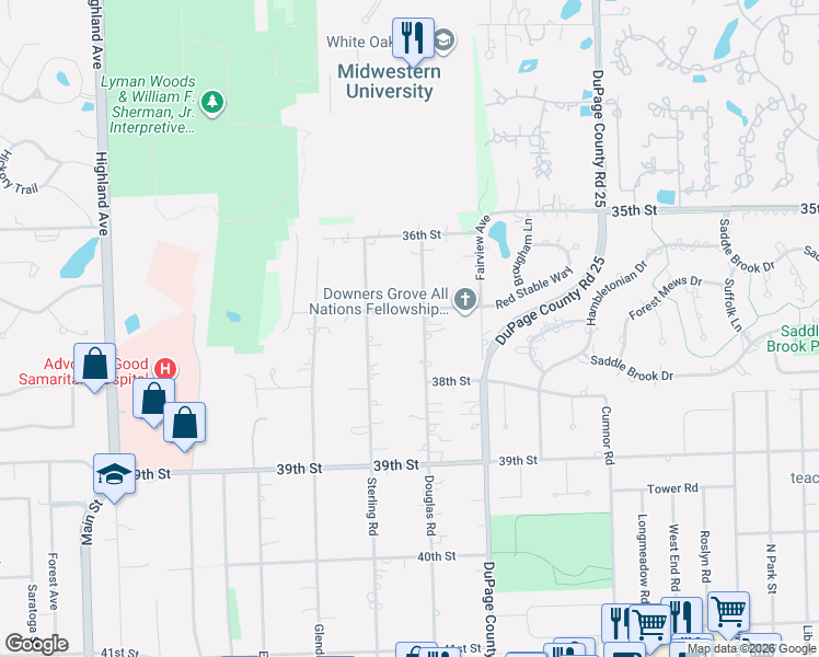 map of restaurants, bars, coffee shops, grocery stores, and more near 3750 Douglas Road in Downers Grove