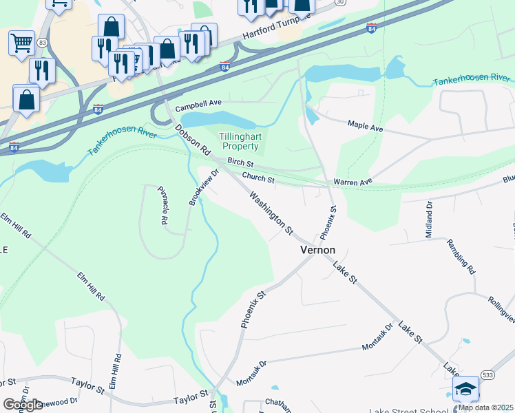 map of restaurants, bars, coffee shops, grocery stores, and more near 195 Washington Street in Vernon