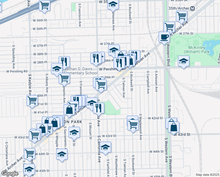 map of restaurants, bars, coffee shops, grocery stores, and more near 4024 South Montgomery Avenue in Chicago