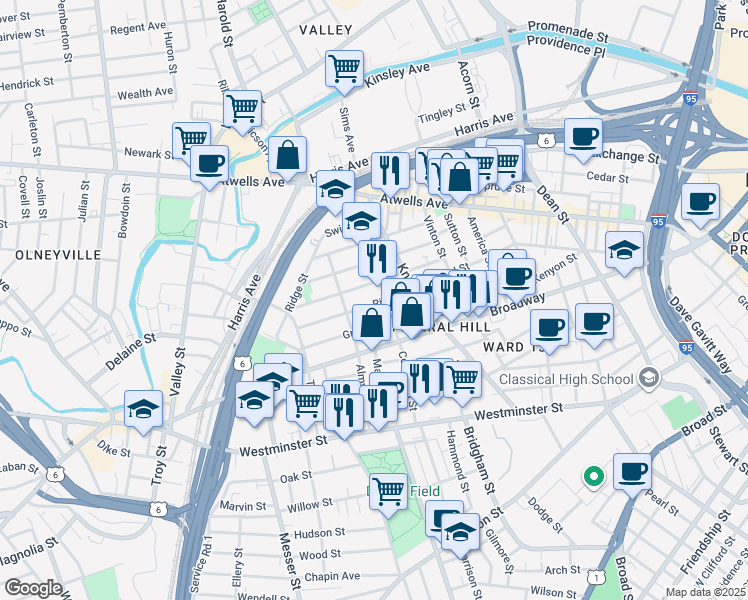 map of restaurants, bars, coffee shops, grocery stores, and more near 39 Ring Street in Providence