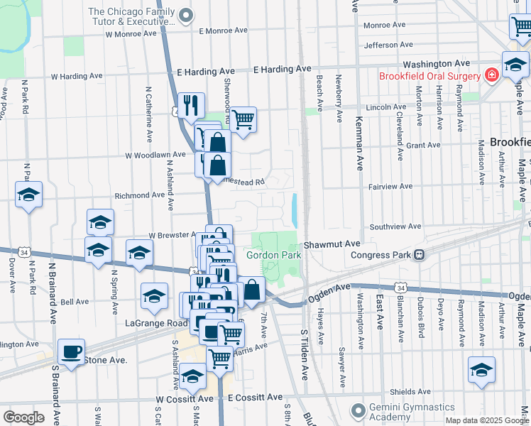 map of restaurants, bars, coffee shops, grocery stores, and more near 156 Brewster Lane in La Grange Park