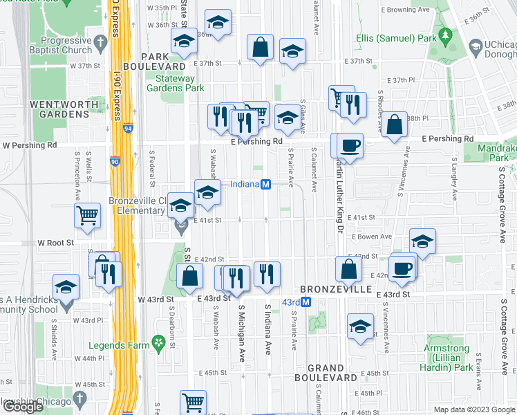 map of restaurants, bars, coffee shops, grocery stores, and more near 4042 South Indiana Avenue in Chicago
