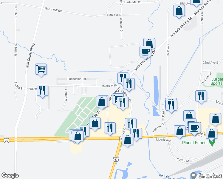 map of restaurants, bars, coffee shops, grocery stores, and more near 2445 Valley West Court in Clinton