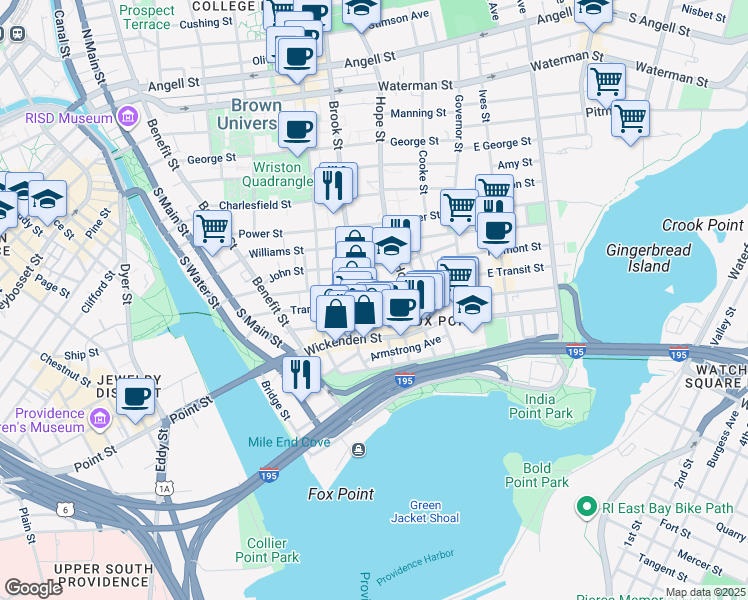 map of restaurants, bars, coffee shops, grocery stores, and more near 174 Transit Street in Providence