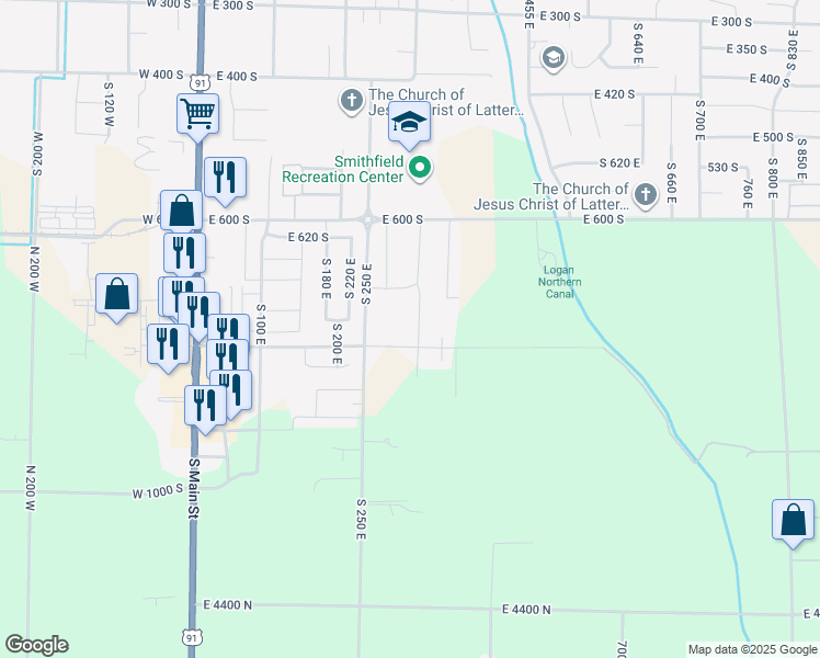map of restaurants, bars, coffee shops, grocery stores, and more near 737 South 340 East in Smithfield