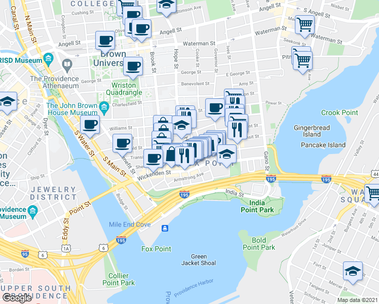 map of restaurants, bars, coffee shops, grocery stores, and more near 76 Hope Street in Providence