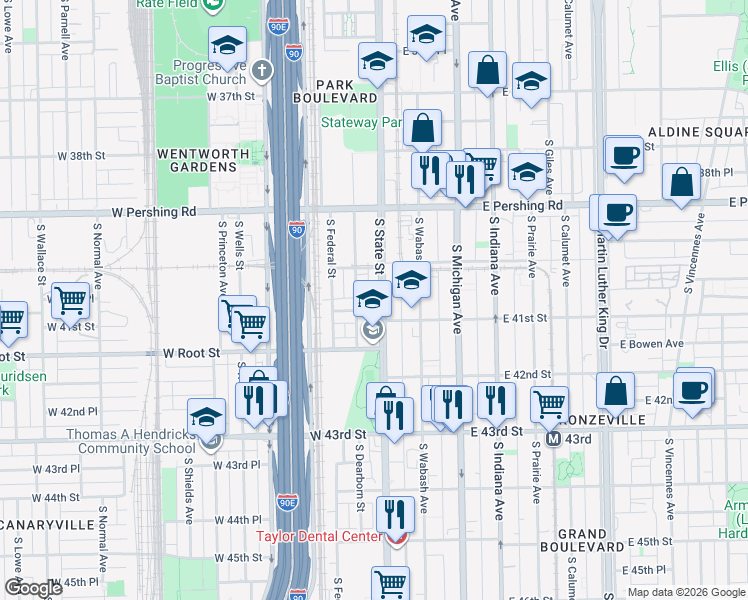 map of restaurants, bars, coffee shops, grocery stores, and more near 4036 South State Street in Chicago