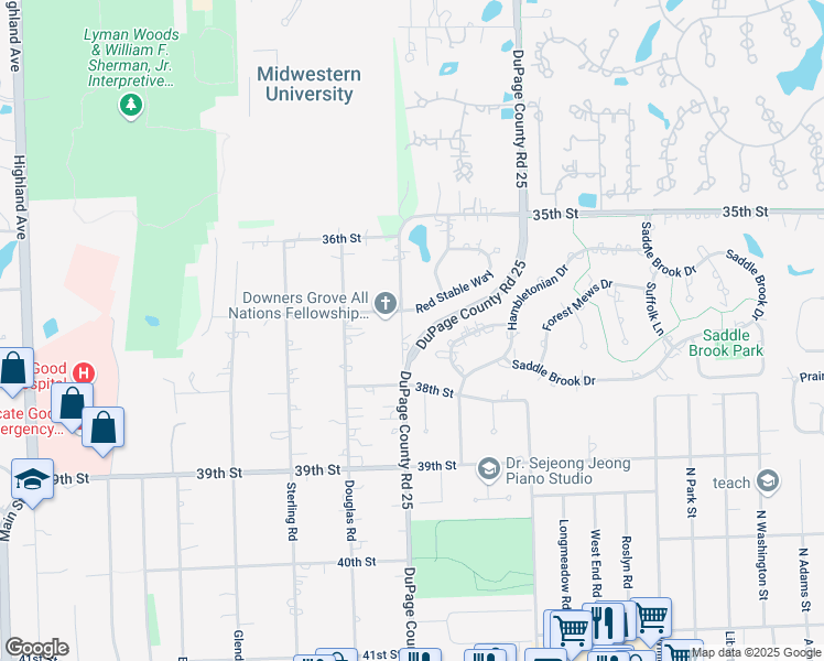 map of restaurants, bars, coffee shops, grocery stores, and more near 3709 Fairview Avenue in Oak Brook