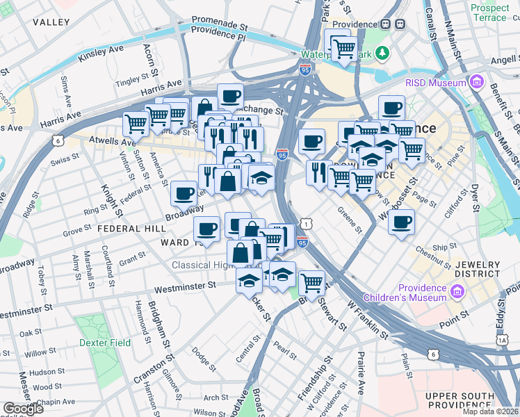 map of restaurants, bars, coffee shops, grocery stores, and more near 120 Broadway in Providence