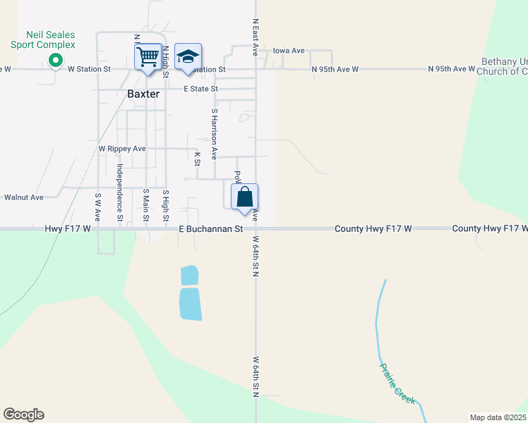 map of restaurants, bars, coffee shops, grocery stores, and more near 407 Southeast Avenue in Baxter