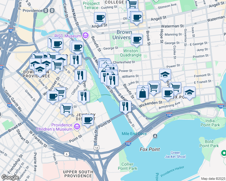 map of restaurants, bars, coffee shops, grocery stores, and more near 334 South Water Street in Providence