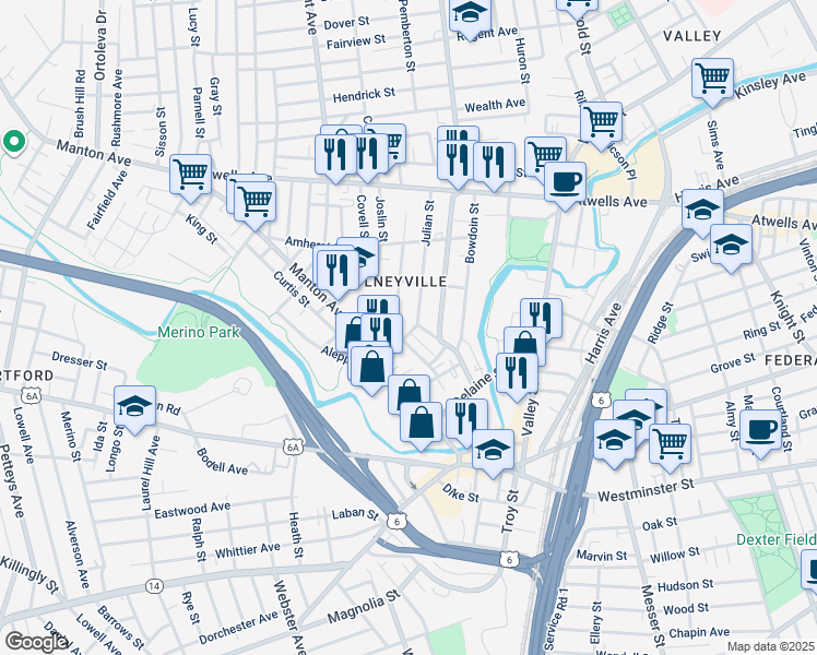 map of restaurants, bars, coffee shops, grocery stores, and more near 56 Julian Street in Providence