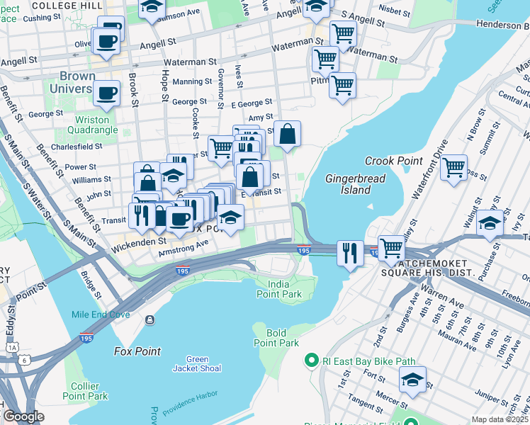 map of restaurants, bars, coffee shops, grocery stores, and more near 57 East Transit Street in Providence