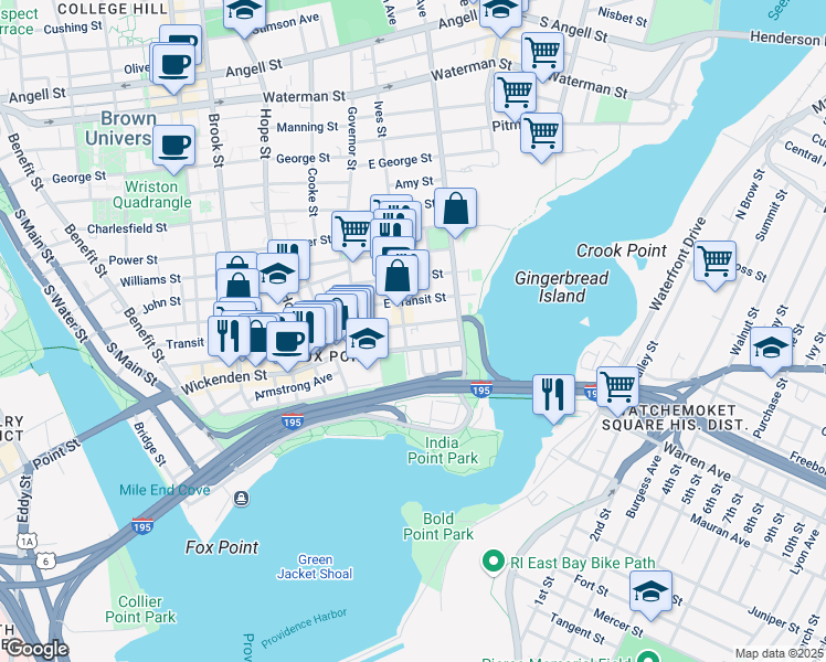 map of restaurants, bars, coffee shops, grocery stores, and more near 57 East Transit Street in Providence