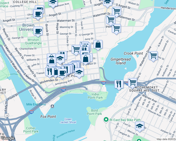 map of restaurants, bars, coffee shops, grocery stores, and more near 57 East Transit Street in Providence