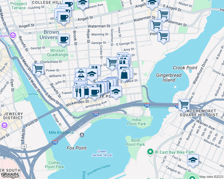 map of restaurants, bars, coffee shops, grocery stores, and more near 44 Governor Street in Providence