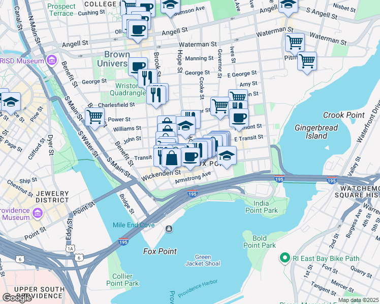 map of restaurants, bars, coffee shops, grocery stores, and more near 71 Arnold Street in Providence