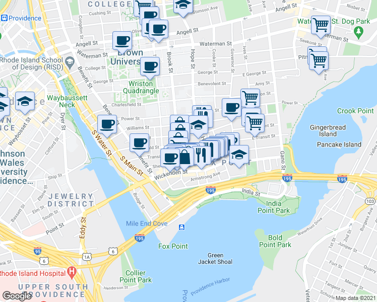 map of restaurants, bars, coffee shops, grocery stores, and more near 71 Arnold Street in Providence