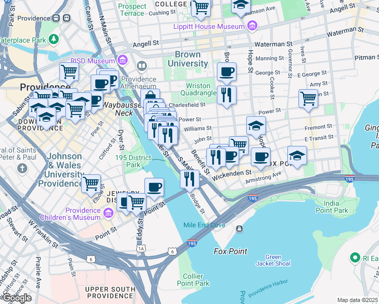 map of restaurants, bars, coffee shops, grocery stores, and more near 376 Benefit Street in Providence